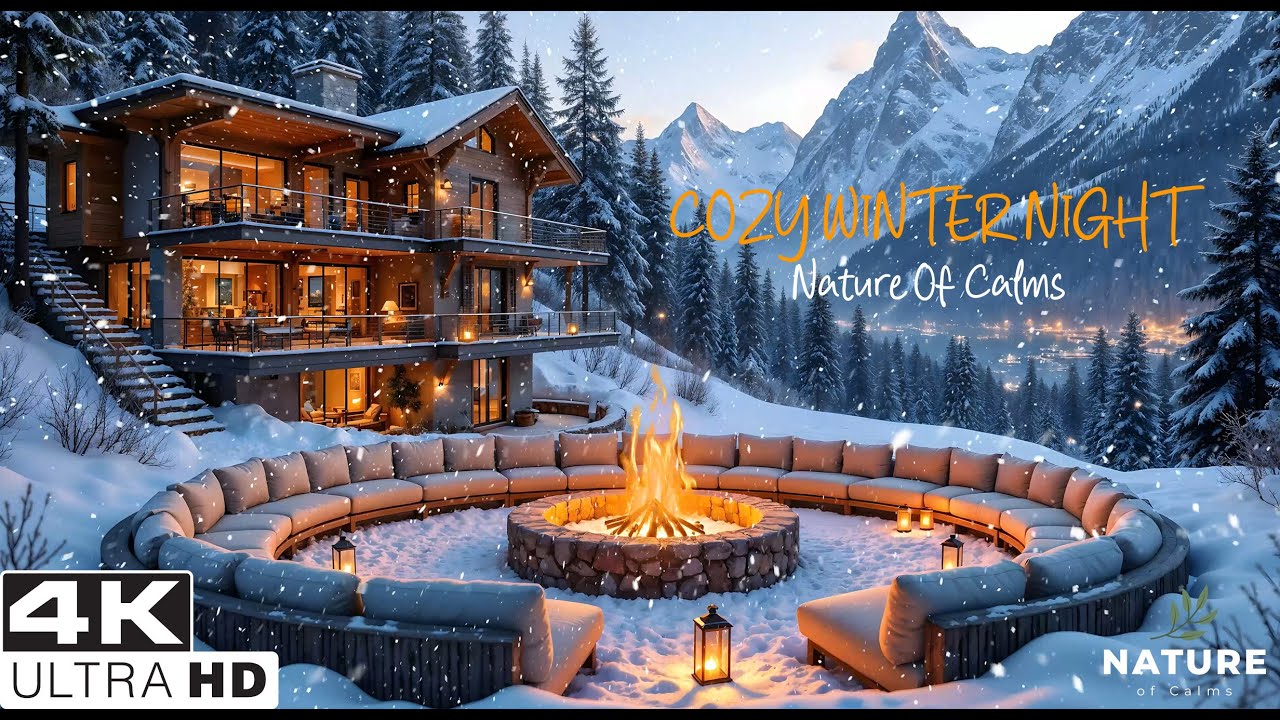 Relaxing Winter Night in a Luxury Mountain Cabin 🔥 Snowfall & Cozy Ambience