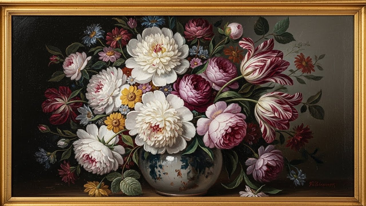 Frame TV Art with Music: Vintage Floral Still Life | Dark Moody Flower Oil Painting | Home Decor