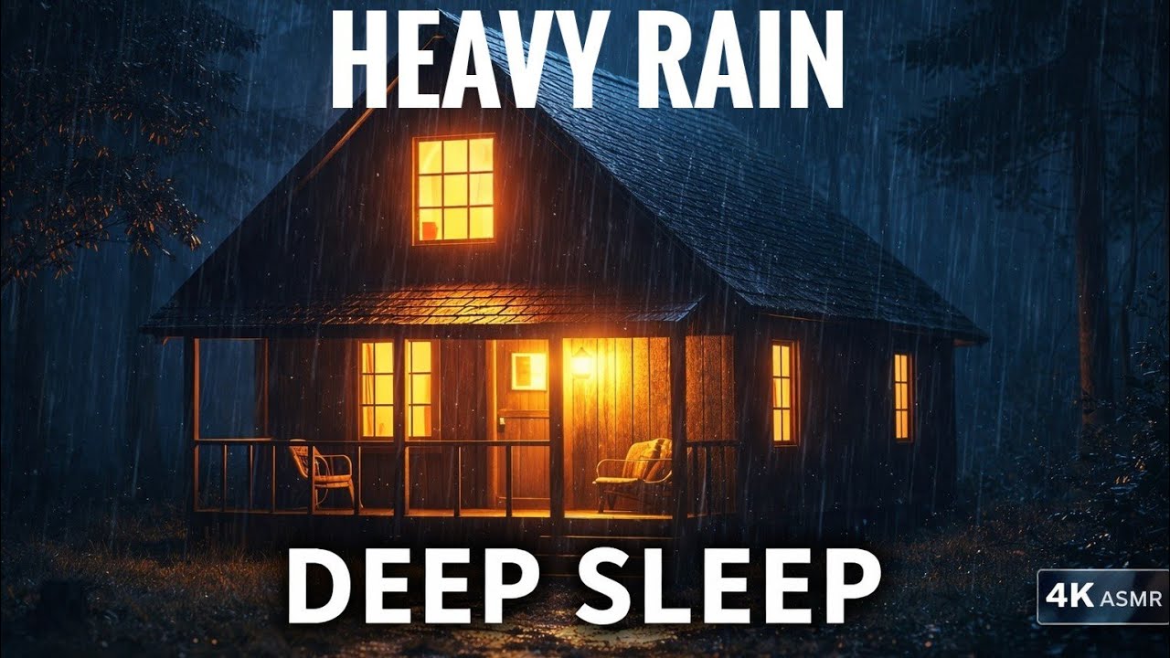 Rain sound for sleeping No Ads ⛈️ Cozy Log Cabin by the Street | Deep Sleep Sounds 4K