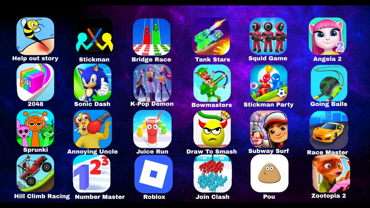 Draw To Smash,Roblox,Subway Surfers,Sonic Dash,Going Balls,Juice Run,Race Master,Annoying Uncle