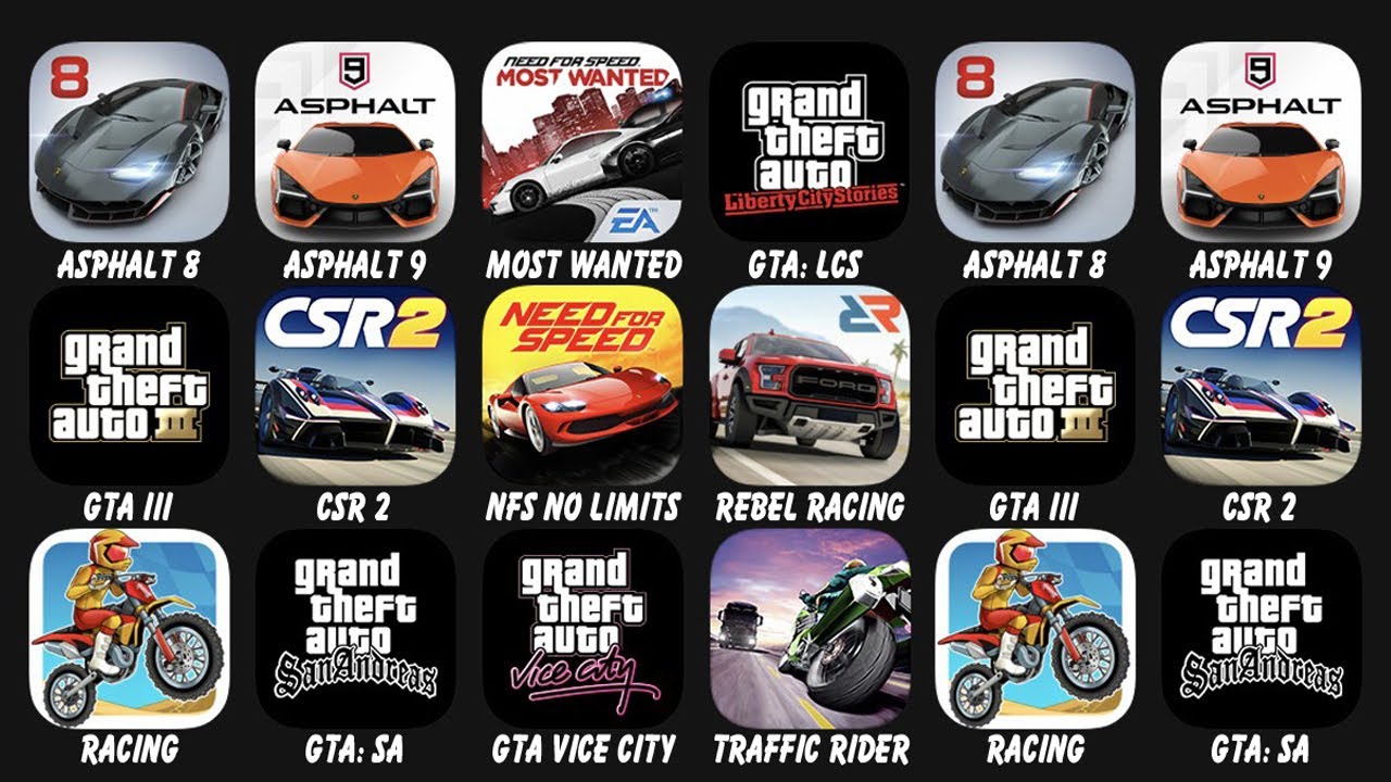 Asphalt 8, Asphalt 9, Most Wanted, GTA: LCS, GTA III, CSR Racing 2, NFS No Limits, Rebel Racing...
