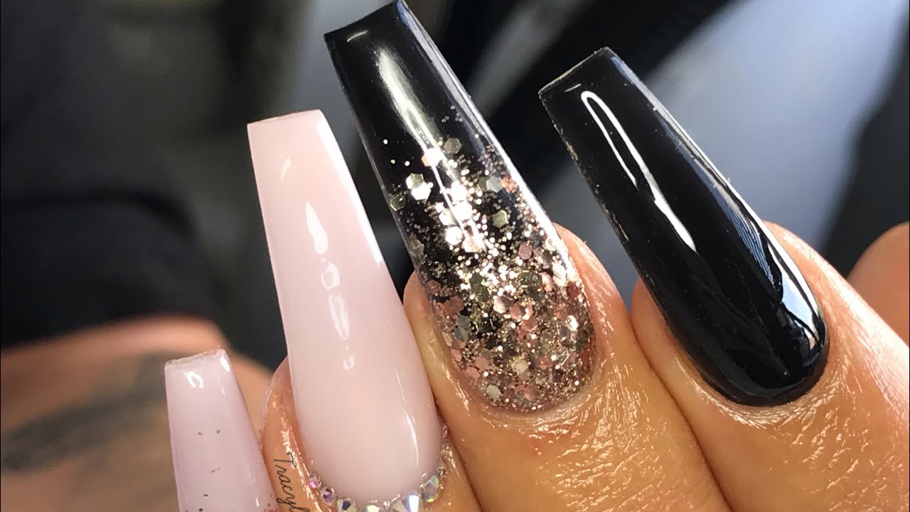 Acrylic Nails | Long black, pink glittery design