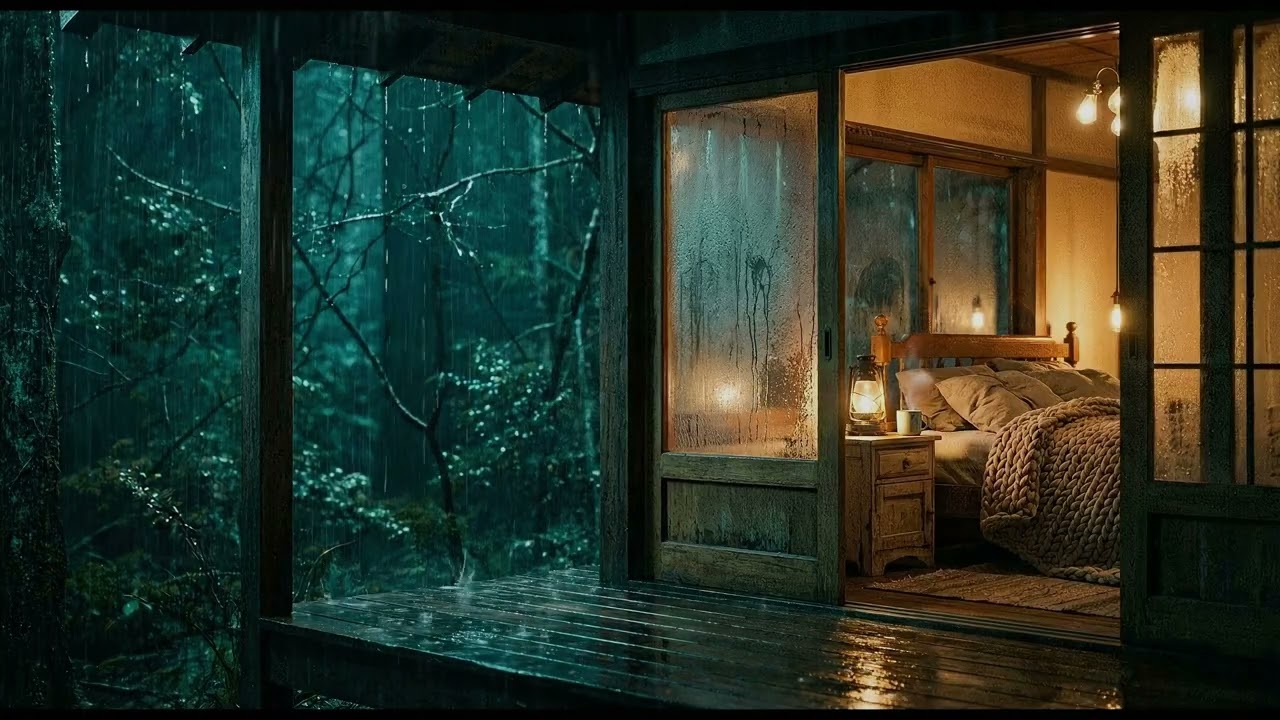 Heavy Rain through a Half-Open Door 🌧️ Cozy Treehouse, 10 Hours Rain Sounds for Sleep, Black Screen