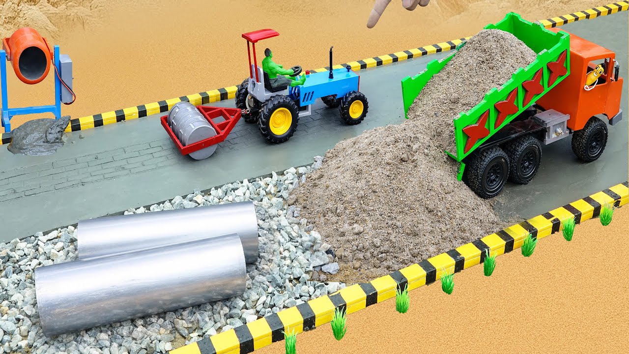 Concrete Road Construction Using DIY Mini Tractor, Mixer & Road Roller | Science Project