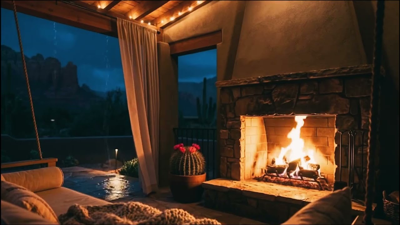 Desert View Porch Swing + Firepit | Rain &  Thunder Ambience | Relax or Sleep (6 Hours)