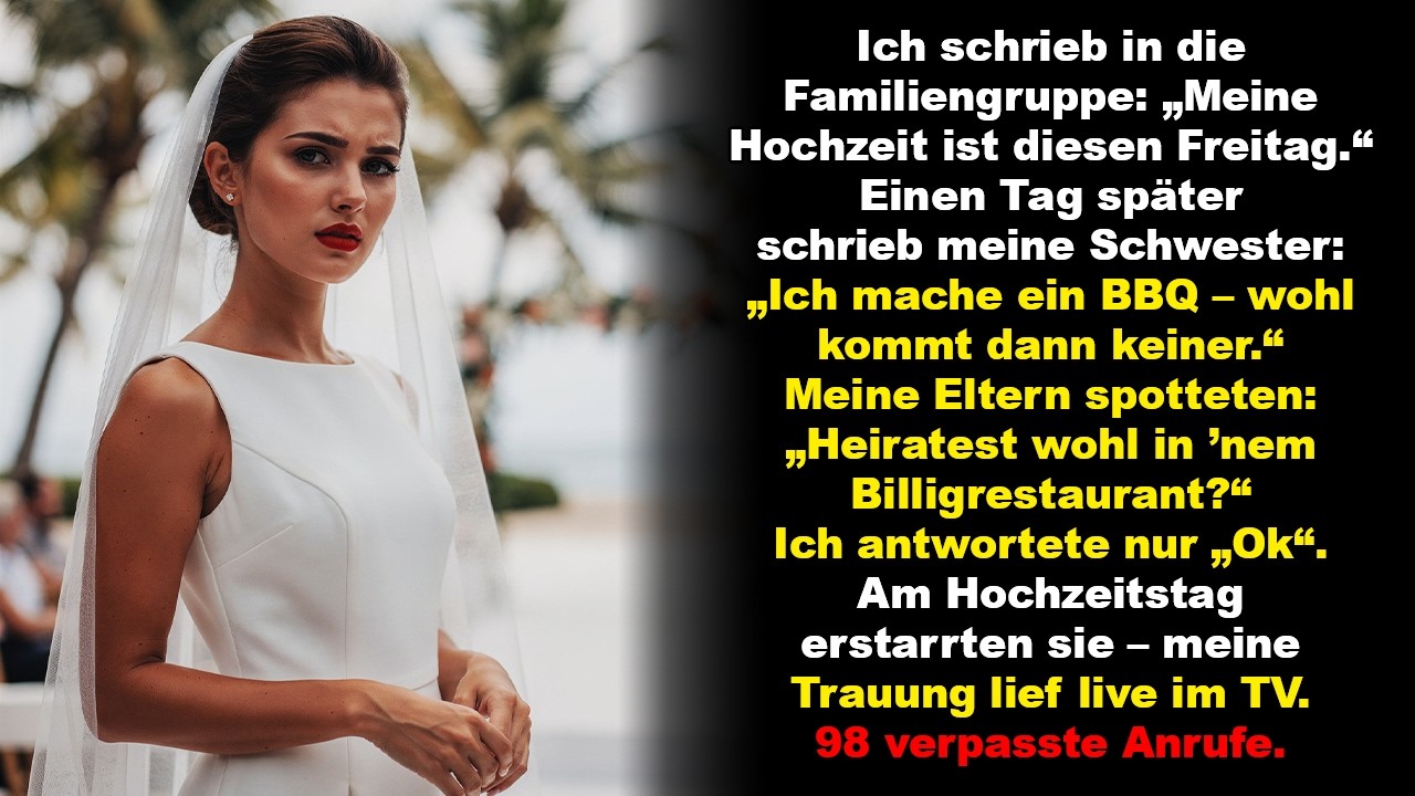 Ich sagte meiner Familie: „Meine Hochzeit ist Freitag“ Meine Schwester: „Ich mach BBQ, keiner kommt“