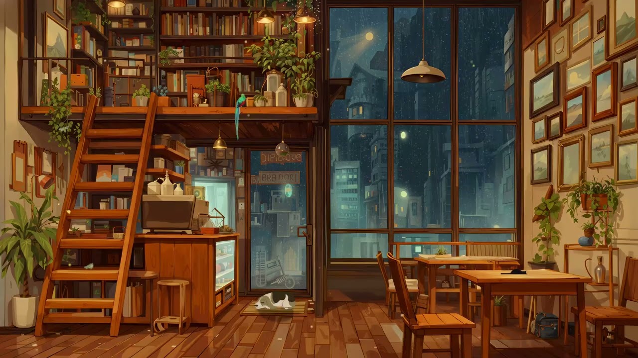 OldTown Lofi – Cozy Night Library View over the City | Relaxing Beats to Study or Relax | 4K