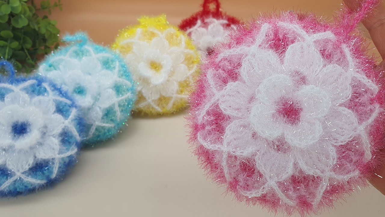 [수세미코바늘] 풍성한 꽃 호빵 수세미 뜨기 Crochet Dish Scrubby