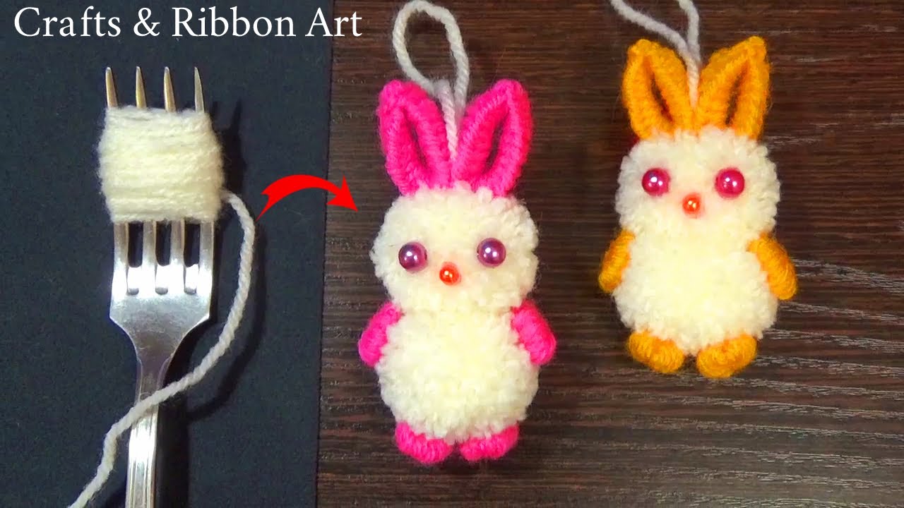 Cute Pom Pom Rabbit Making with Fork - Easy Woolen Craft Ideas - DIY Bunny Doll with Yarn