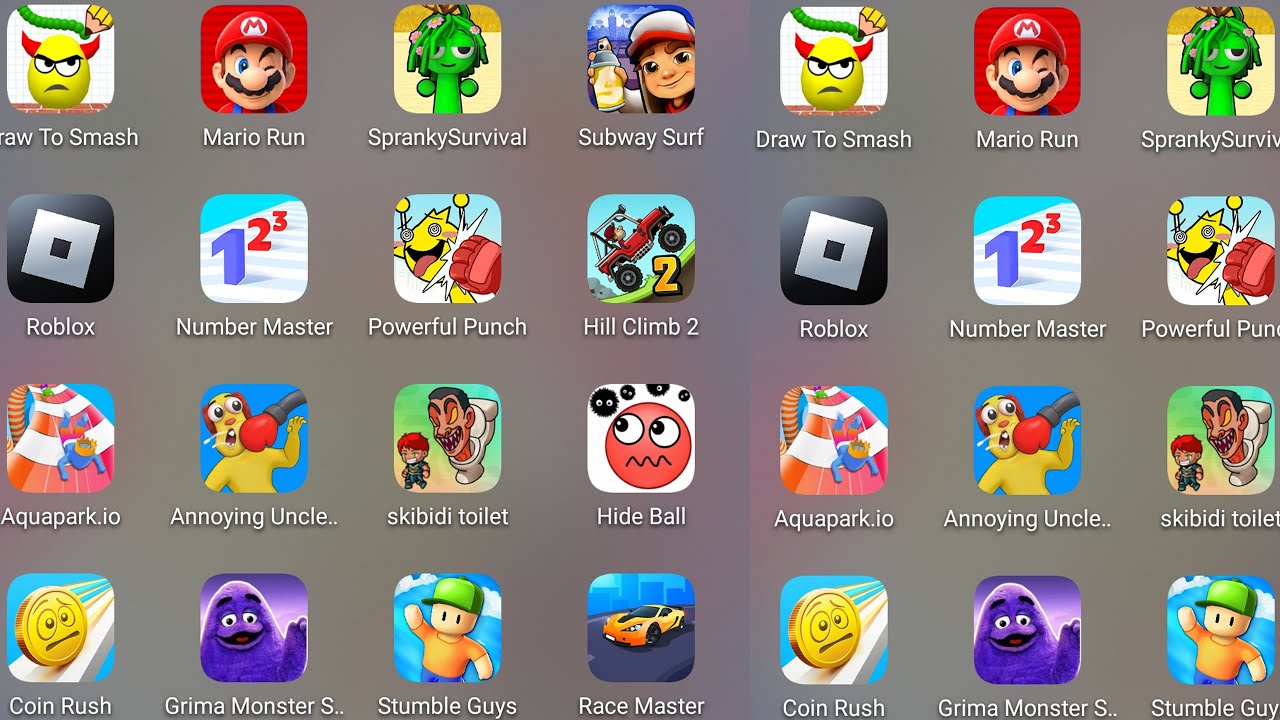 Roblox, Sprunki Survival, Stumble Guys, Hill Climb 2, Save The Fish, Gramic Monster Scary Survival