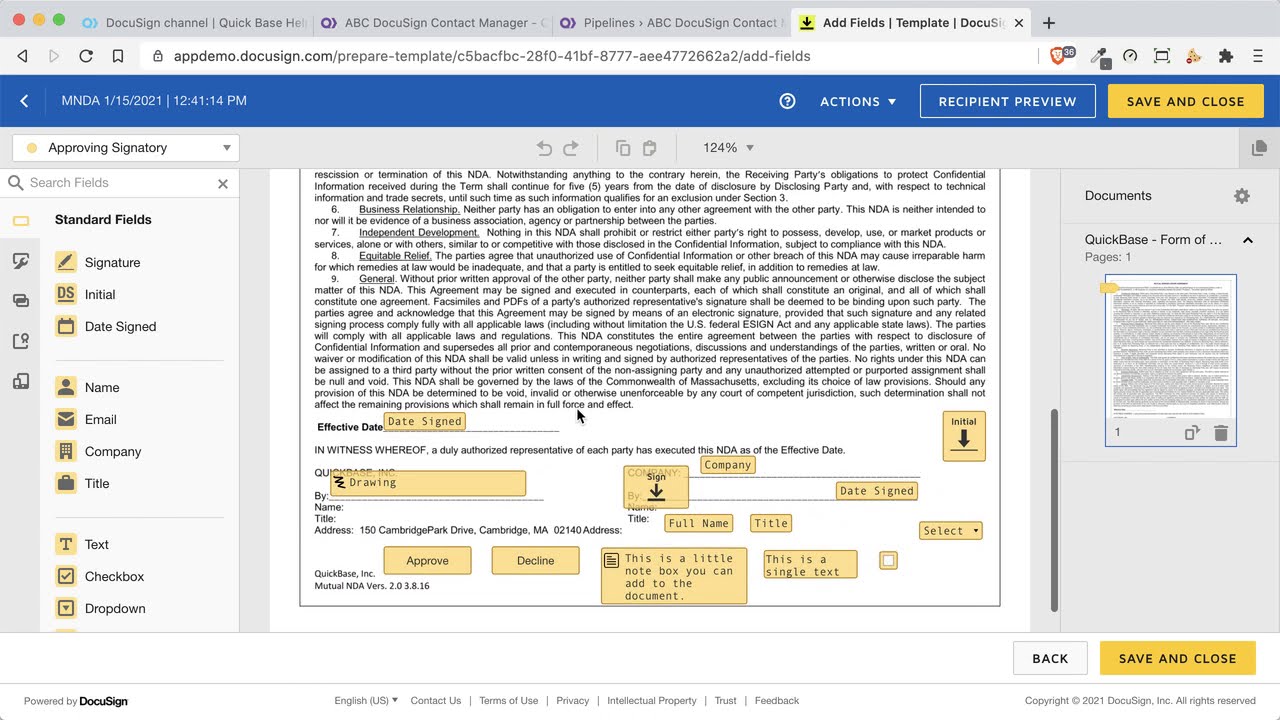 Using QuickBase Pipelines to Integrate with DocuSign Templates
