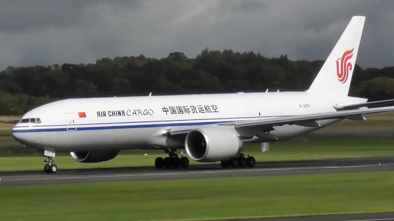 Air China Cargo Boeing 777F at Glasgow Prestwick Airport, PIK (landing, taxi & takeoff)