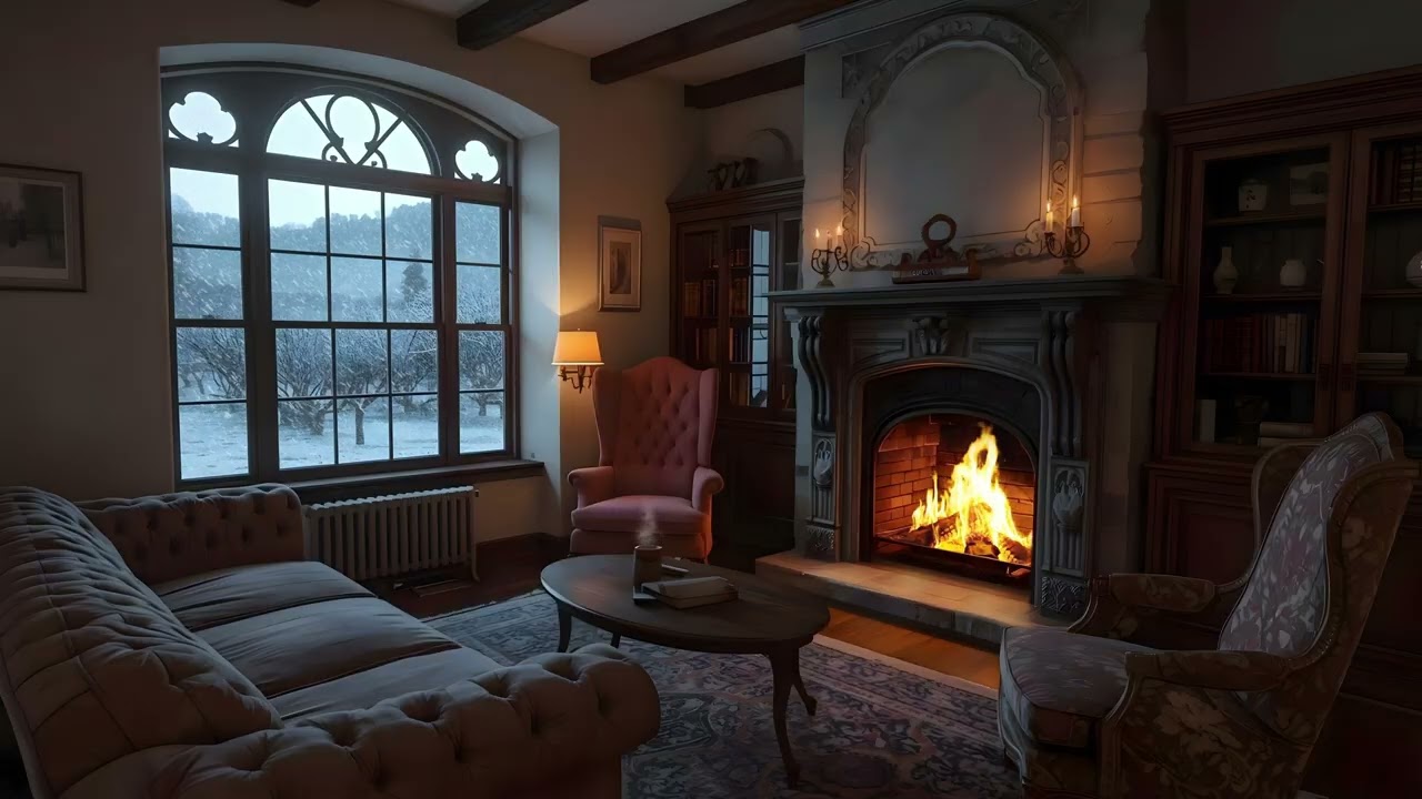 Cozy Alpine Chateau Study | Snowy Mountain Night Ambience (4K). winter fireplace ambience