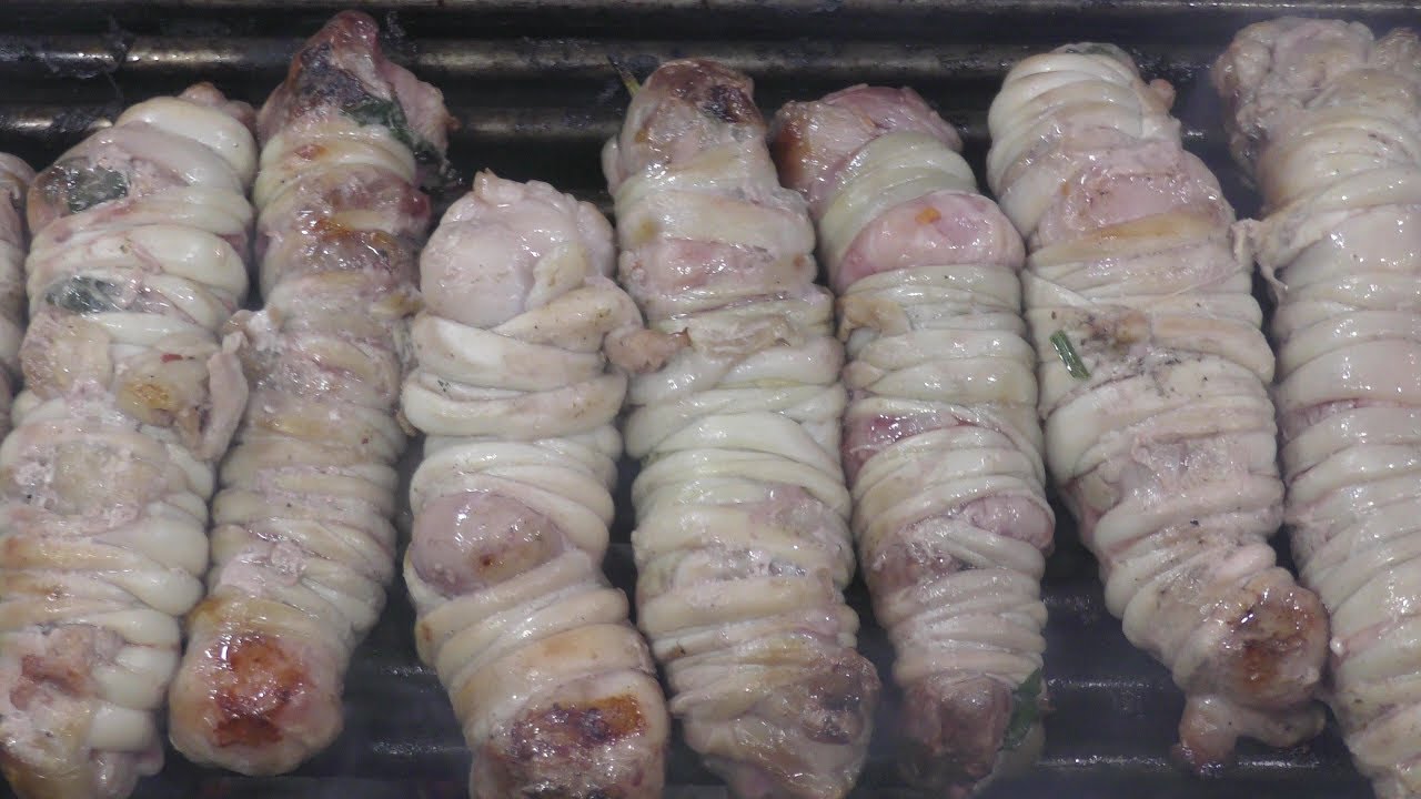 Lamb Sausages on Grill. Italy Street Food. 'Torcinelli Pugliesi'