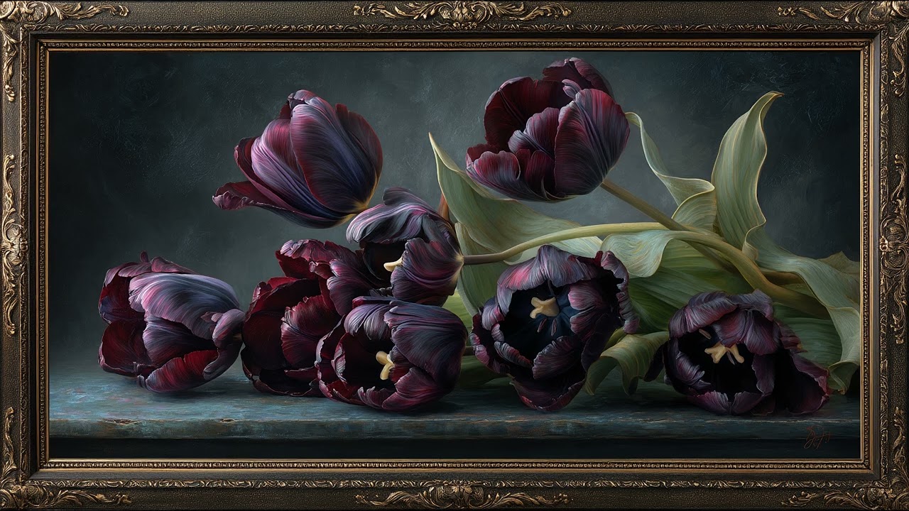 Vintage Moody Black Tulip Oil Painting Screensaver | Turn Your TV Into Art | TV Framed Art | 3 Hours