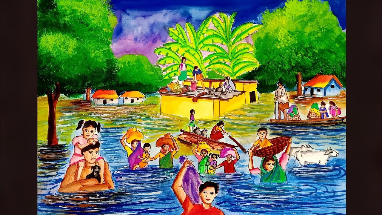 FLOOD SCENERY DRAWING||FLOOD  DRAWING WITH WATERCOLOR #art
