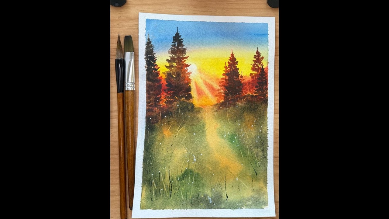 Jak namalować magiczny zachód słońca w lesie? 🌅✨ | #watercolor #art #painting