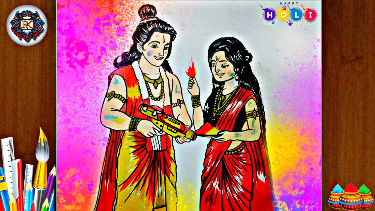 🌸 Happy Holi Ram Sita Drawing | Traditional Indian Festival Art | Easy Holi Drawing for Beginners