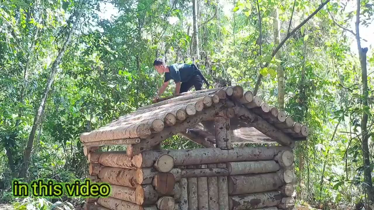berkemah hujan deras__membangun kabin kayu yang kuat__mulai sampai selesai