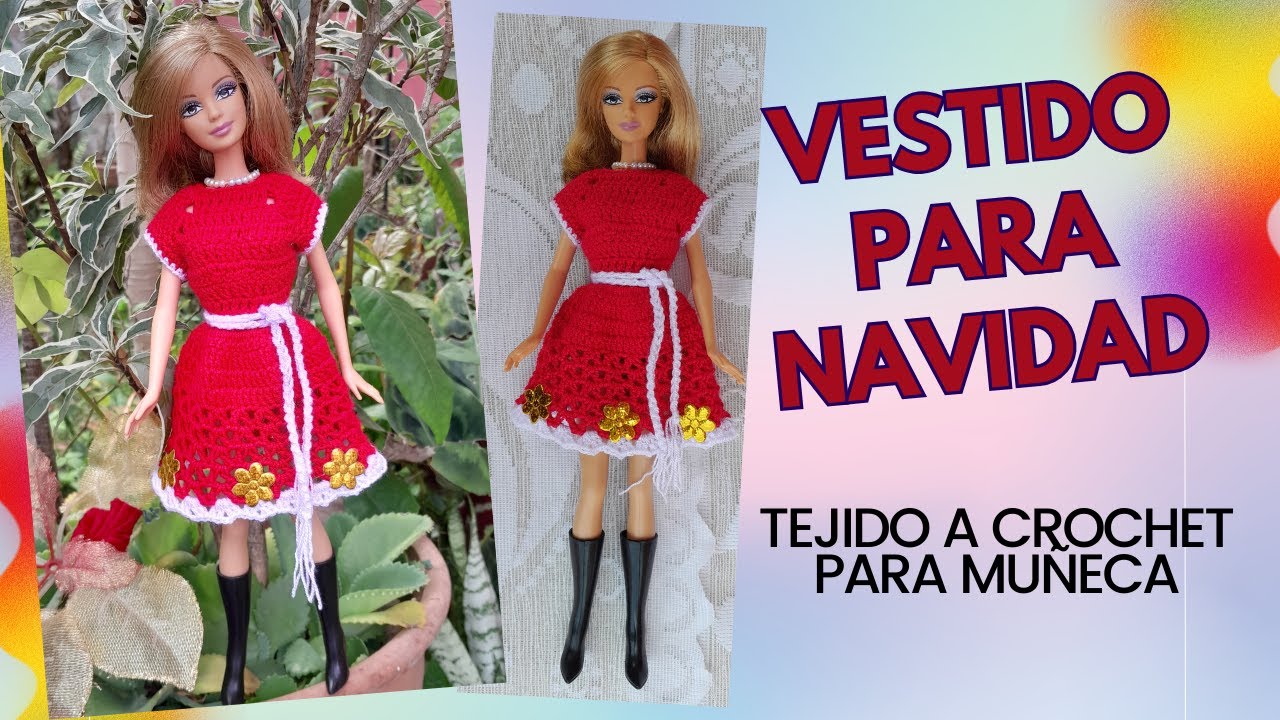 Como hacer un Vestido para Navidad Tejido a Crochet para Muñeca paso a paso.