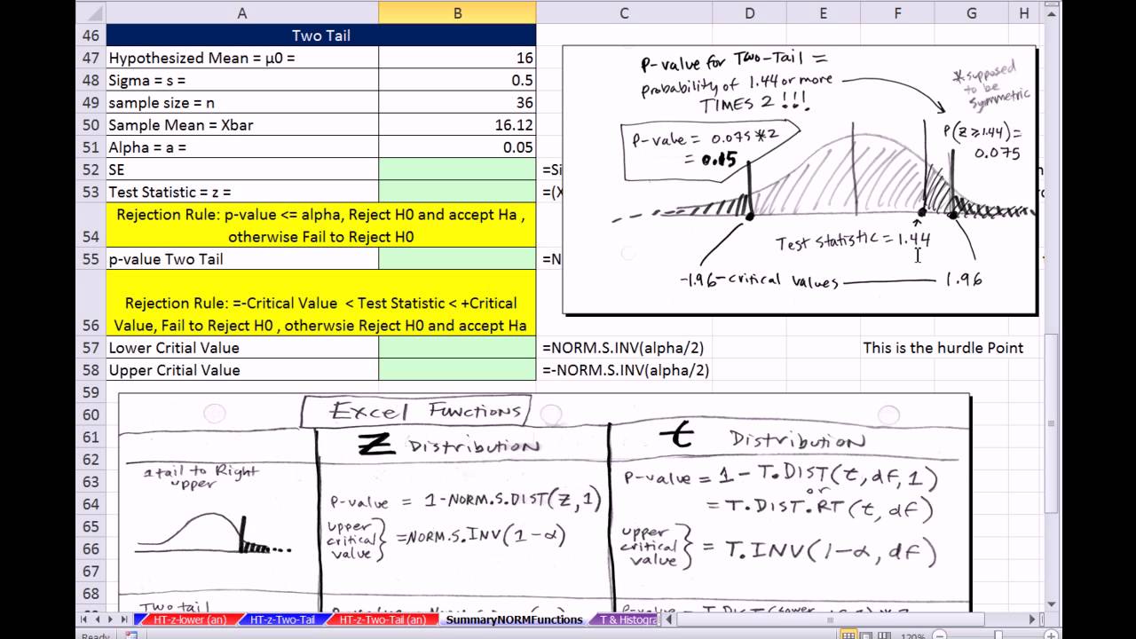 Excel 2013 Statistical Analysis #56: NORM.S.DIST = p-value, NORM.S.INV = Critical Value Sigma Known
