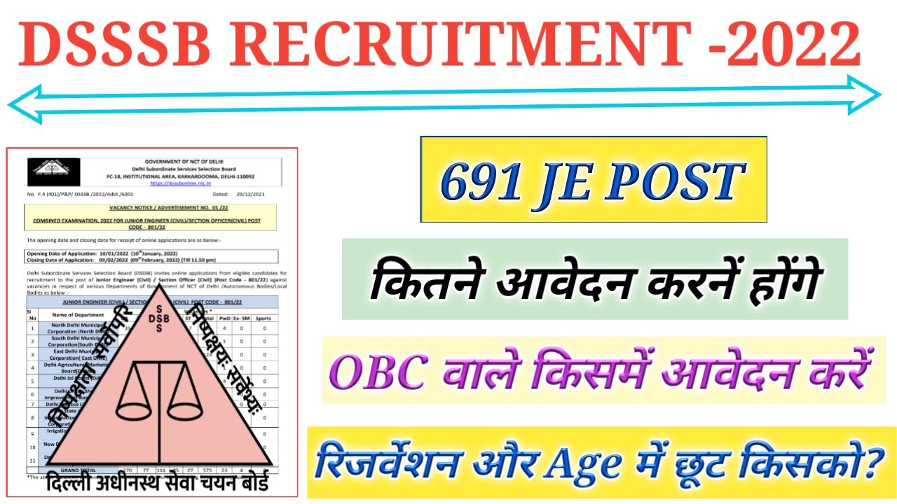 DSSSB Recruitment 2022 || DSSSB Junior Engineer Recruitment || 691 Post || OBC Reservation ? Age ?
