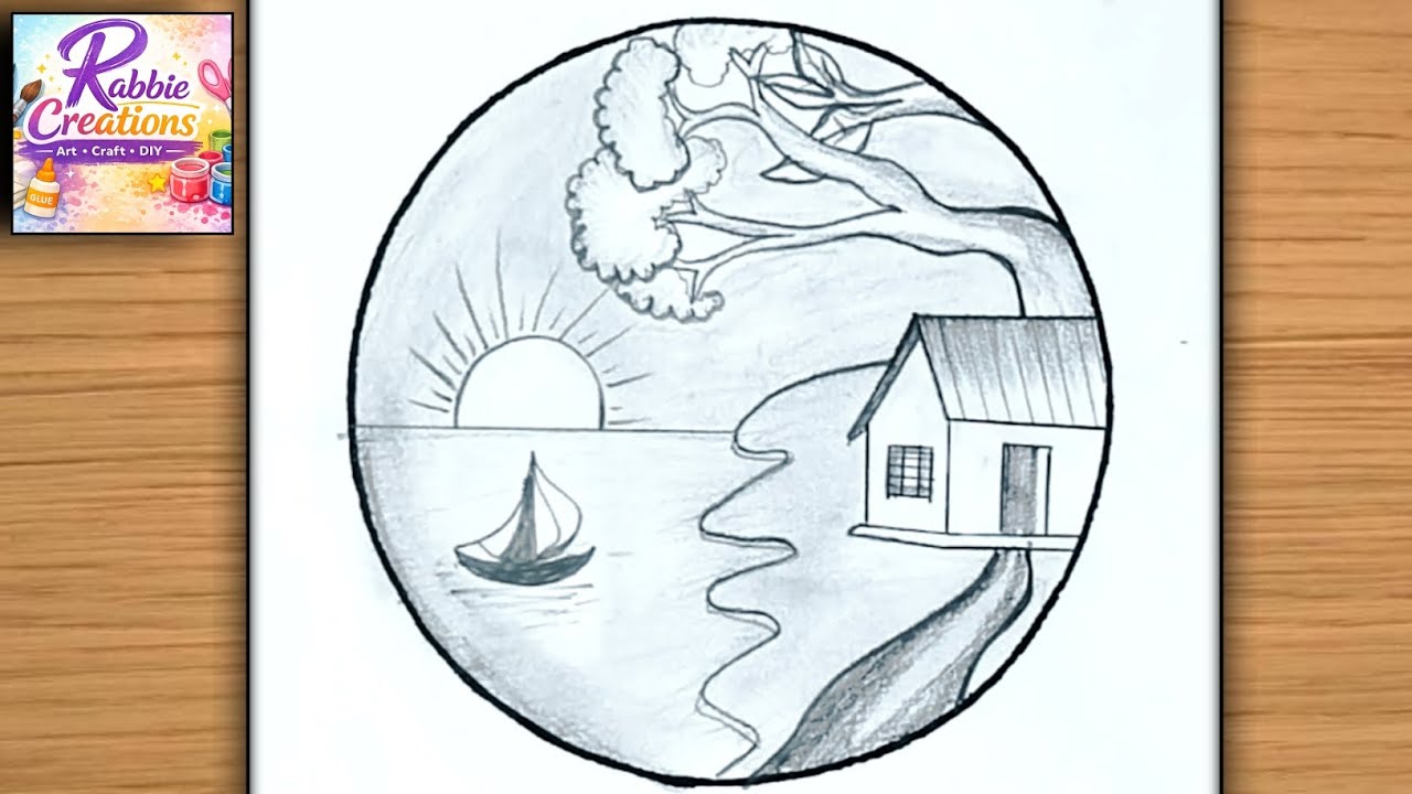 How to Draw Cliffside Landscape in a Circle | Easy Pencil Scenery Drawing Step by Step |