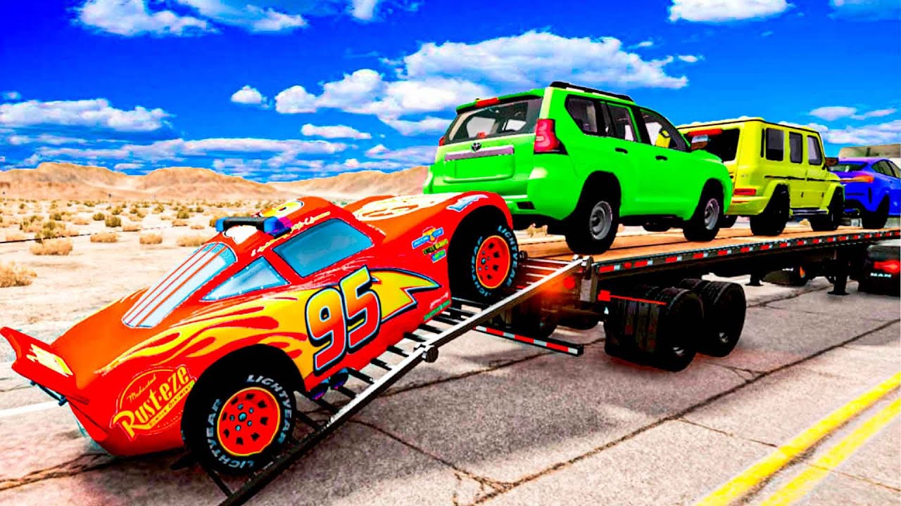 Flatbed Truck Mcqueen | Transportation with Truck - Pothole vs Car #76 - BeamNG.Drive