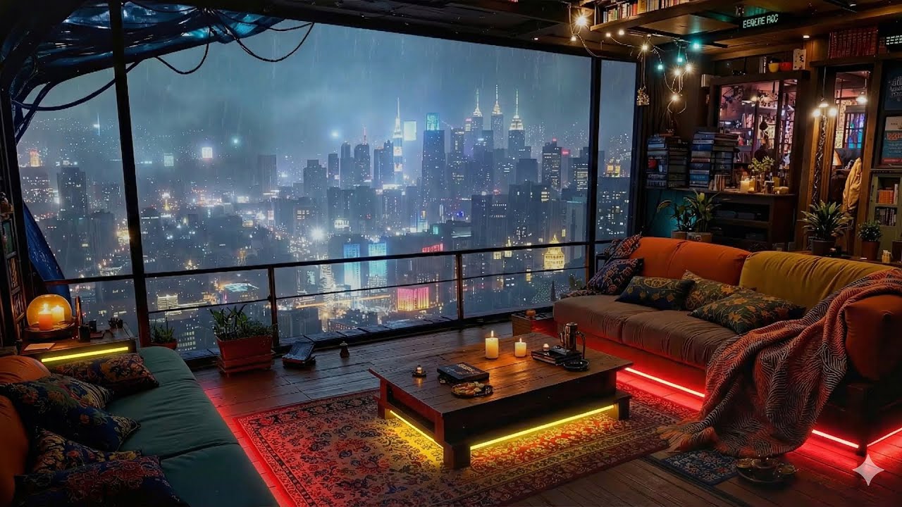 🎵 The Rainy Terrace: Cozy Cyberpunk Living Room | Relaxing Ambient Music | 4K | 10 hrs