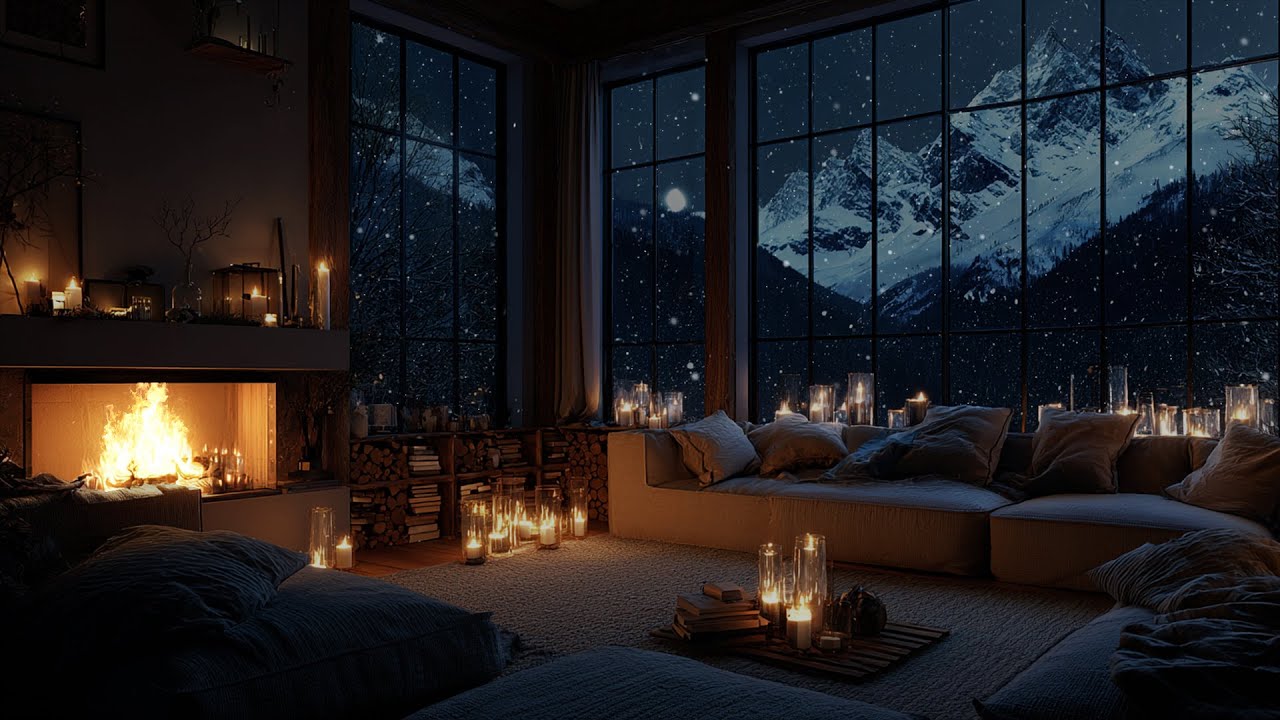 Snow Passing Softly Near Warm Firelight ❄️ A Still Winter Atmosphere for Focus