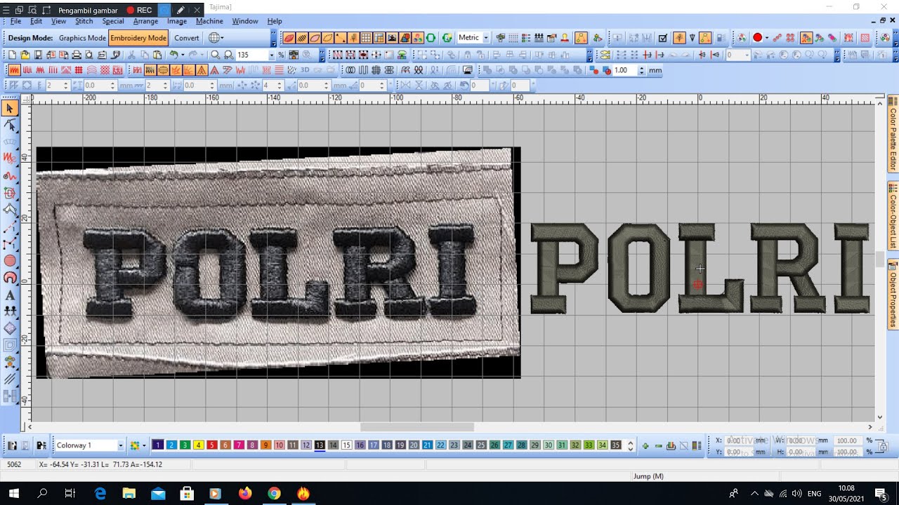 Tutorial wilcom, Cara Desain Bordir Tulisan Polri Timbul #wilcom_e2 #Tutorialwilcom #wilcome2