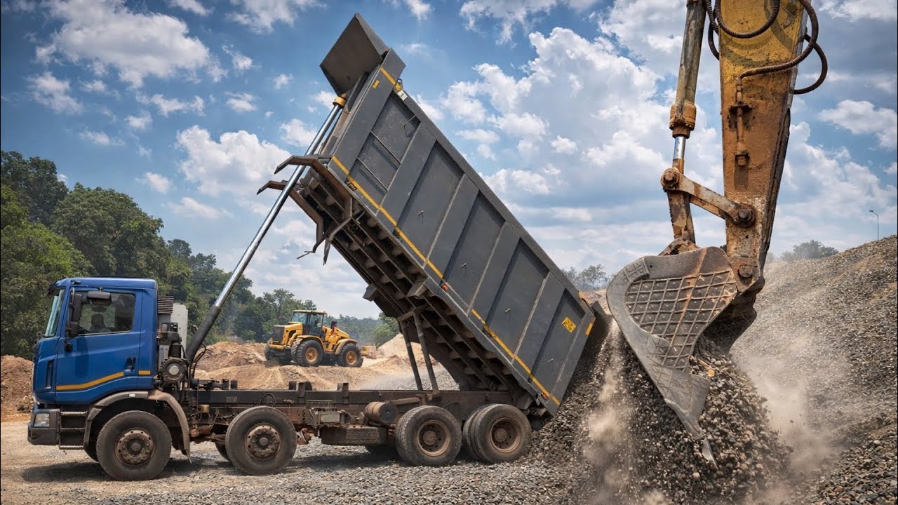 Truck unloading crushed stone for road construction👌 | supervisor with excavator operator😎