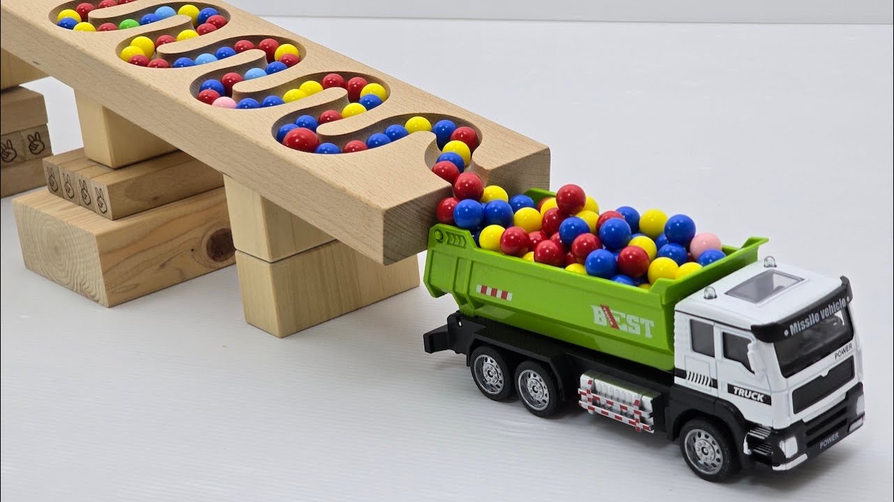 Quiet Toy Vehicle ASMR on a Wooden Marble Track | Dump Trucks, Toy Bus & Moving Beads