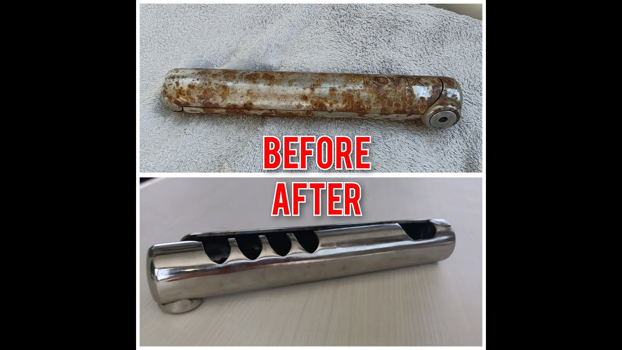 Polishing rusted stainless steel outboard motor lock to shiny like mirror