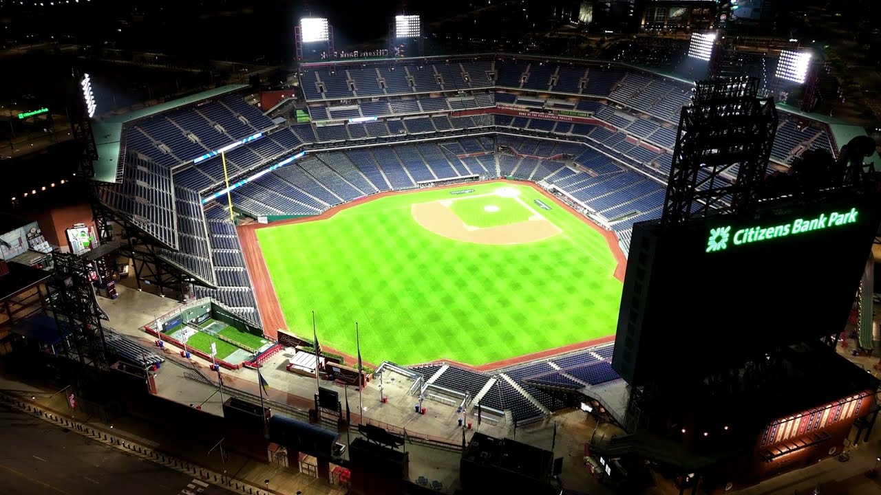 Aerial Drone Views of Citizens Bank Park at Night - Philadelphia PA