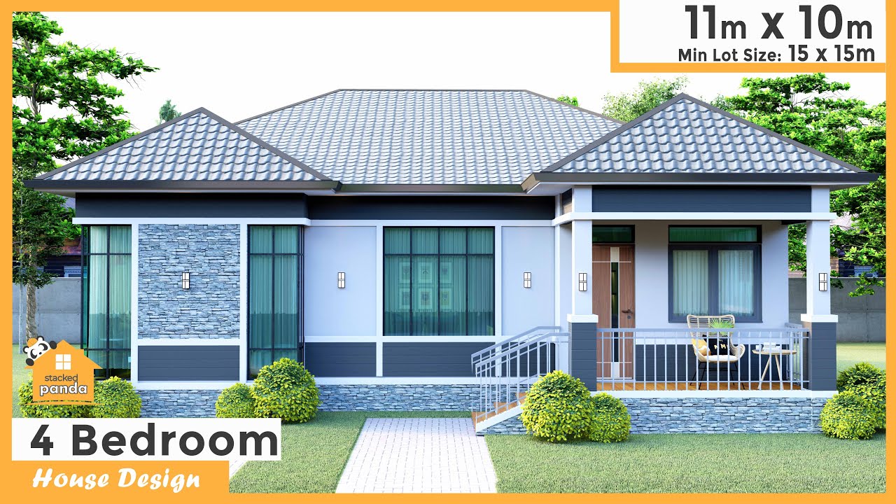 9.85 by 11 meters (32 by 36ft), 4 Bedrooms, Modern House Design  (128 square mtr /1377square ft)