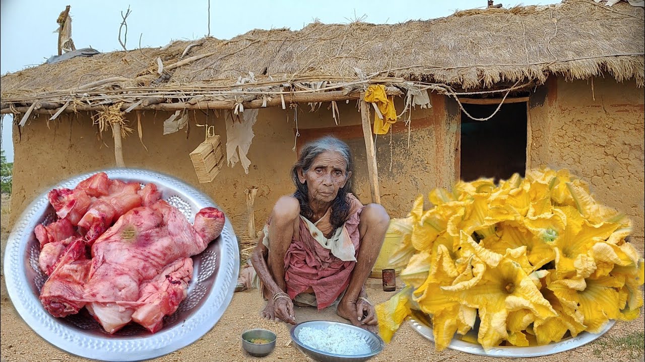 rural old widow Grandma cooking CHICKEN CURRY with Pumpkin& eating with rice|Grandma village kitchen