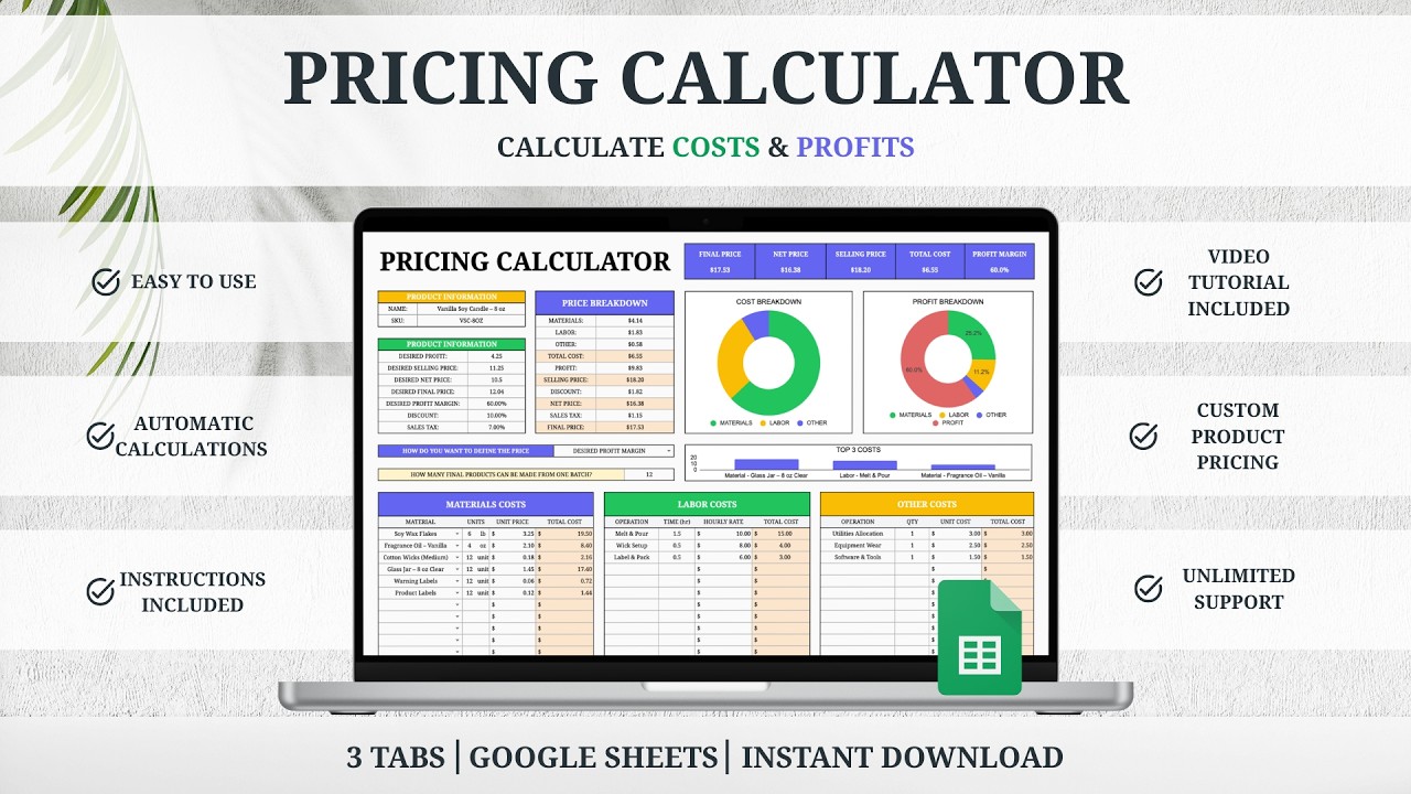 Pricing Calculator Spreadsheet Tutorial - Profits - Costs