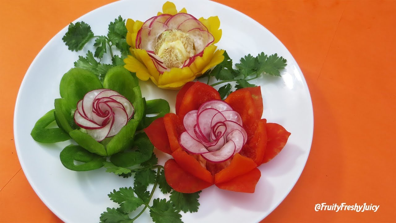 Eye-Catching Garnish of Bell Pepper with Radish Rose Designs - Most Satisfying Veg Decoration