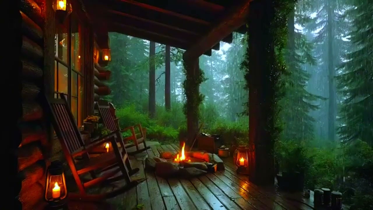 Cozy Rainy Night at a Forest Cabin Porch – Fireplace & Relaxing Nature Sounds 🌧️🔥🌲