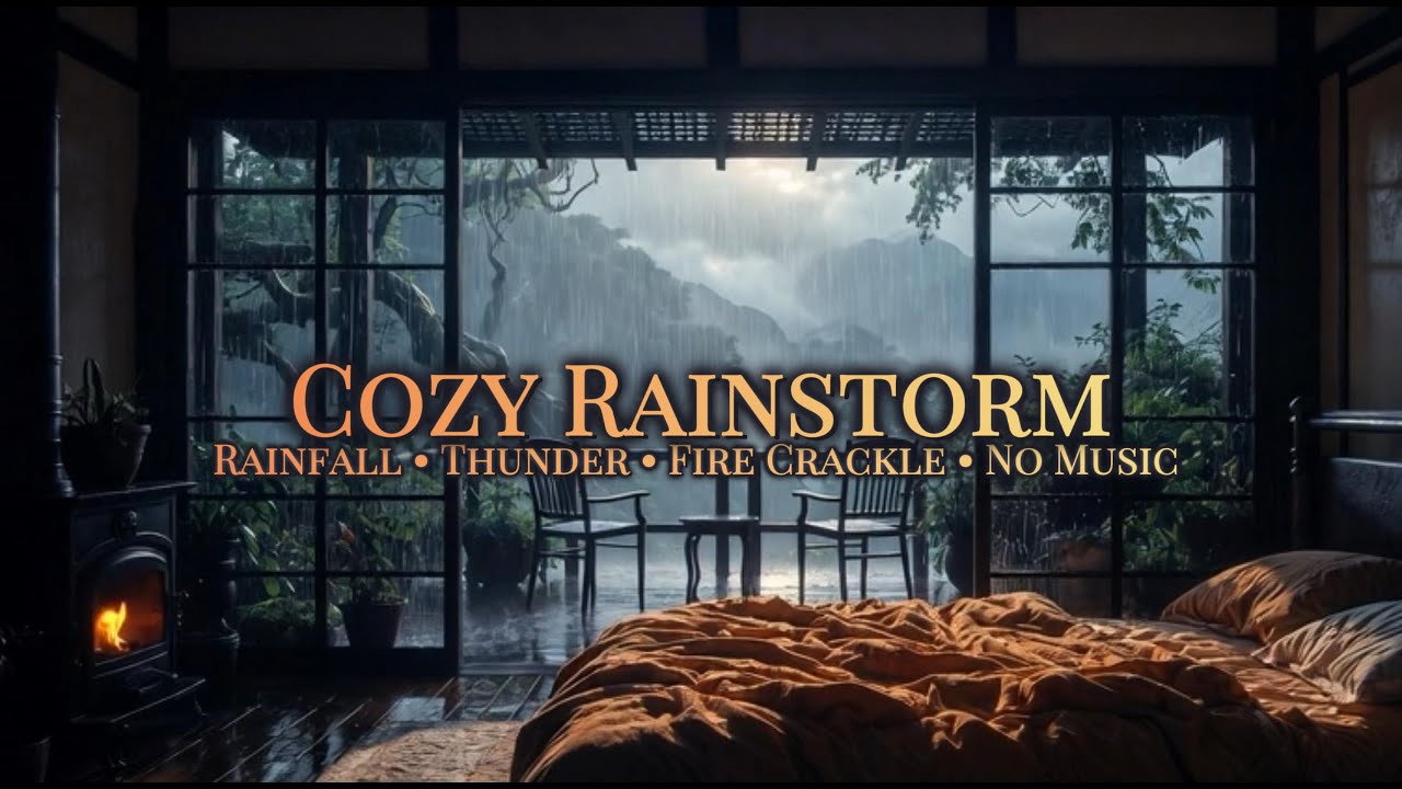 🌧️🔥 Cozy Rainstorm 🌧️🔥 Rainfall & Distant Thunder & Fireplace Crackle • 4 Hours • No Music 🌧️🔥