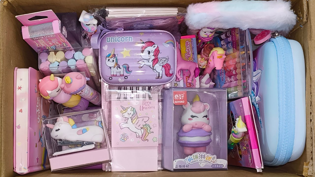 Box full of cute unicorn stationery| pencil, stapler, eraser, pouch, pencil box, pencil colour, etc