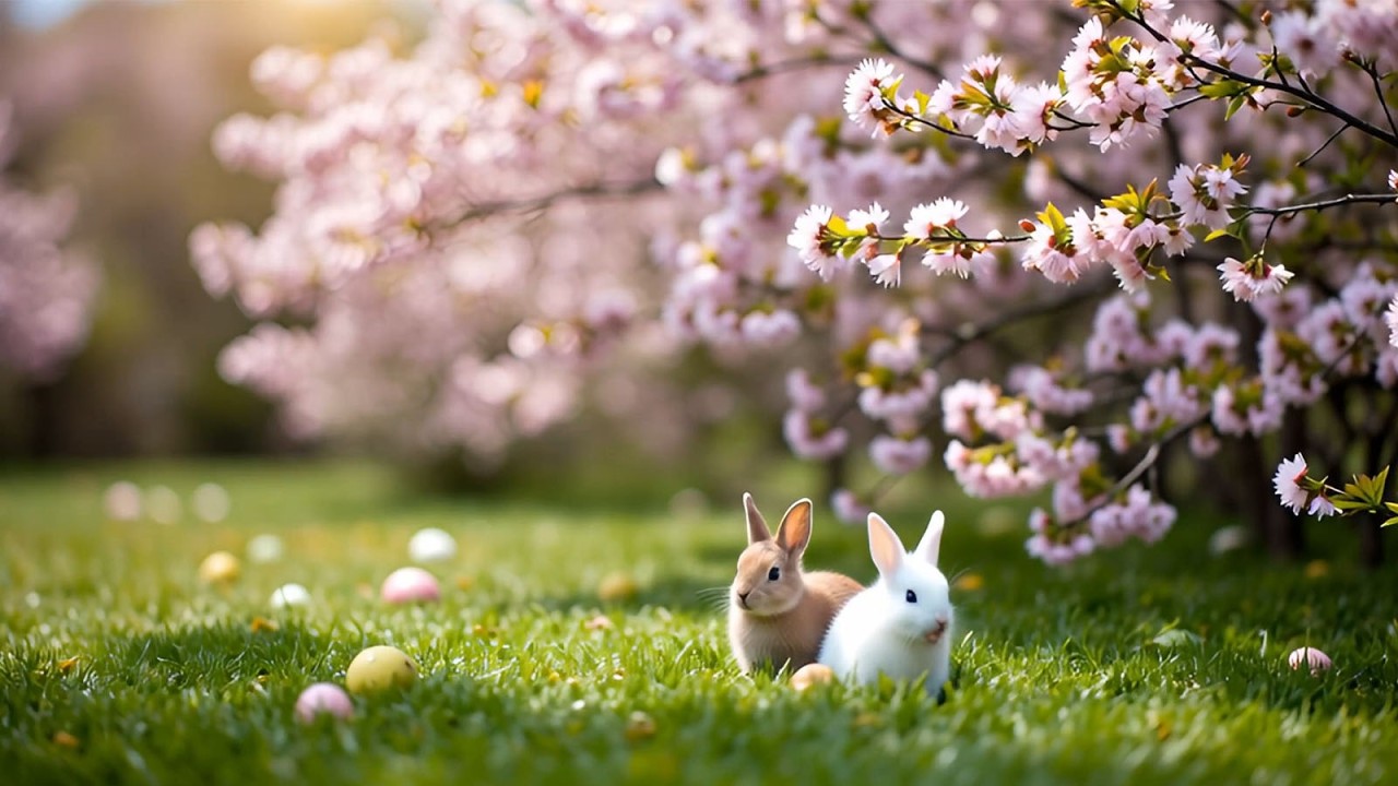 Spring Garden Ambience with 2 Bunnies 🌸 | Cherry Blossoms in Bloom & Relaxing Spring Music 4K