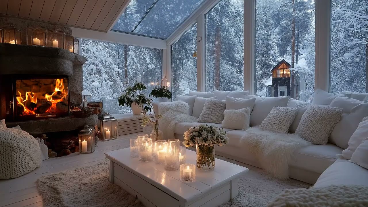 🔥❄️Soothing Piano Lounge | Fireplace Glow & Snow Outside| 3 Hours Stress Relief Study Relax Healing