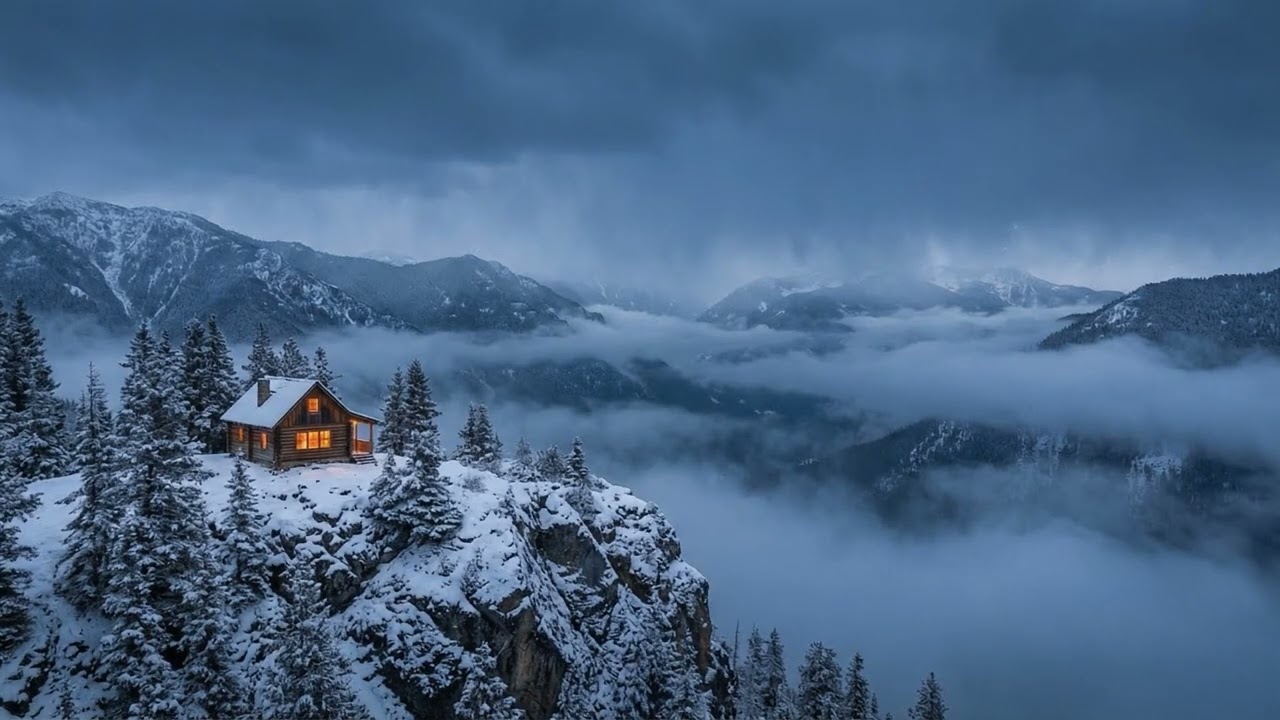 Calm Winter Ambience ❄️ Snowy Mountains, Fog & Cozy Cabin Sounds