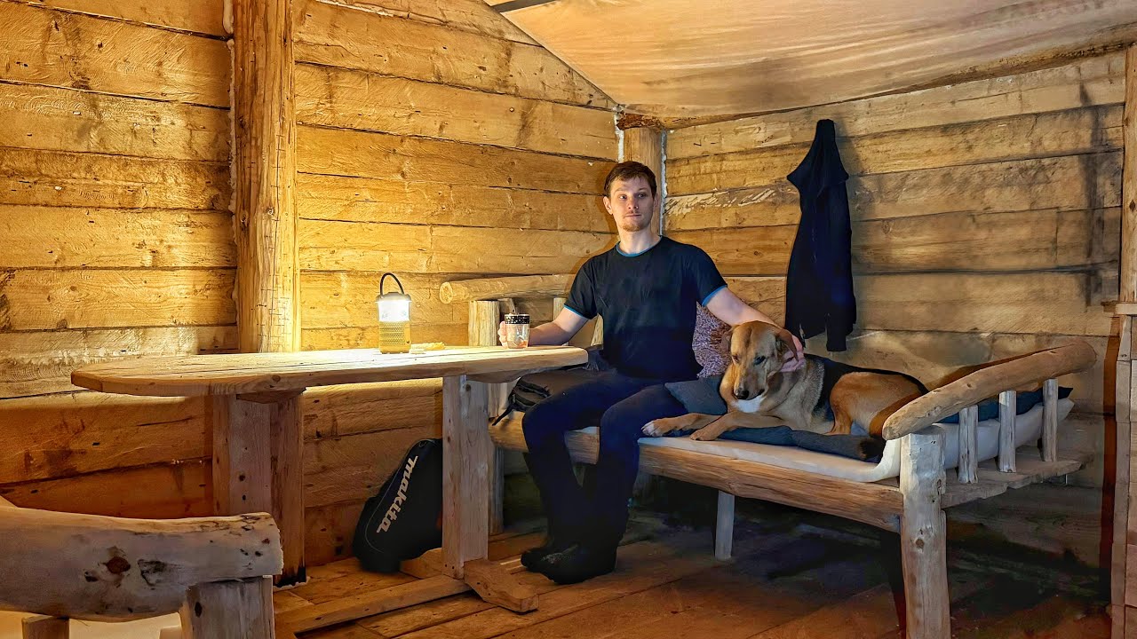 Living with my dog in a log cabin. I build beds from natural materials