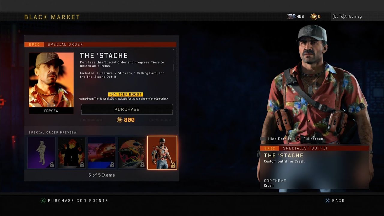 Black Ops 4 New Crash The Stache Outfit Showcase