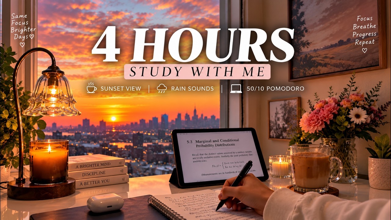 4 Hour Study With Me | Snowy Sunset | Rain Sounds | Winter White Noise 50/10 break ^_^