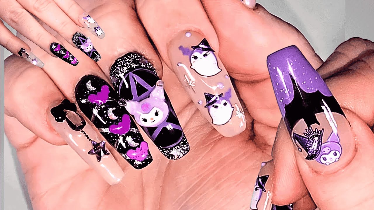 Cute Kuromi Nail Art 💜🖤/Sanrio nails/Batwing French/Nail ASMR/ SUB