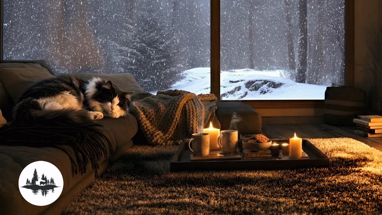 Winter Serenity 🌨️ Warm Fire, Books, Soothing Piano and a Purring Cat